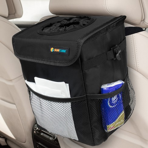 SUN CUBE Waterproof Car Trash Can with Lid, Portable Organizer Garbage Can,  Removable Leakproof Lining Hanging Bin Storage (Black)
