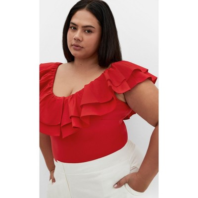 Women's Plus Size Frill Shoulder Bodysuit - red | CITY CHIC