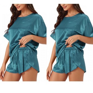 INSPIRE CHIC Women's 2 Pcs Lounge Sets Satin Silky Short-Sleeve Tee with Side-Slit Elastic Shorts Sleepwear - 1 of 4