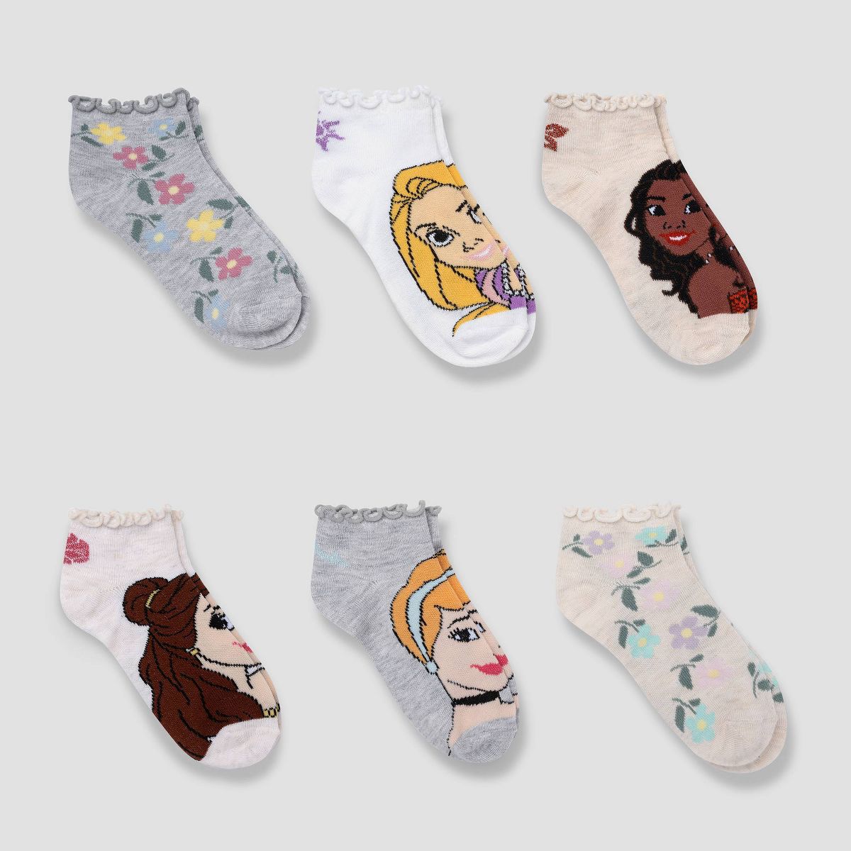 Disney Princess Ruffle Ankle 6pk Socks - White/Beige/Gray