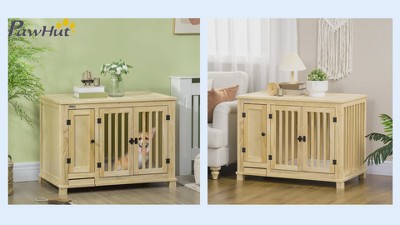 Natural Wood Soft Sided Dog Crate Table with Storage