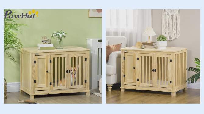 PawHut Small Dog Crate Furniture with Cabinet & Cushion, Wooden Dog Crate End Table with Food Bowl in Drawer, Indoor Dog Kennel Furniture Bed, Natural, 2 of 8, play video