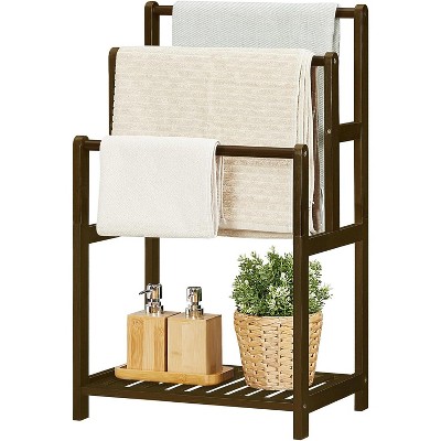 Hachikiko 3-Tier Standing Towel Rack with Storage Shelf - Natural Bamboo Mocha Towel/Blanket Holder, (Eco-Friendly, Heavy-Duty)