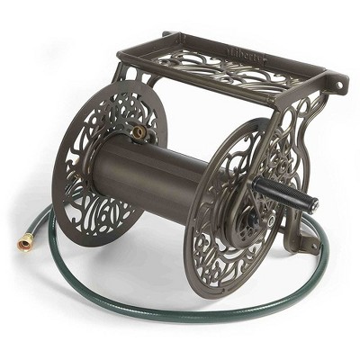 Liberty Garden LBG-704 125' of 5/8" Hose Steel Decorative Garden Hose Wall Mounted Reel for Backyard, Garden, or Home, Bronze