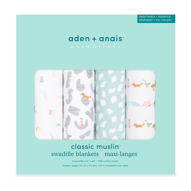 aden + anais Essentials Swaddle Baby Blanket Set - Alphabet Animals - 4pk, 3 of 4