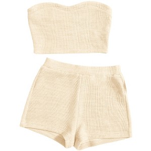 Women's Knitted 2 Piece Outfit Ribbed Crop Top Sleeveless Tube Tops and Track Shorts Set - 1 of 4