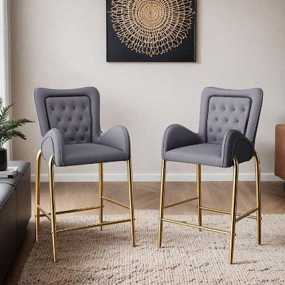 28.75inch Counter Height Bar Stools Set of 2, Bar Height Arm Chairs, Velvet Fabric Stools with Golden Legs and Footrests - Leovsnove