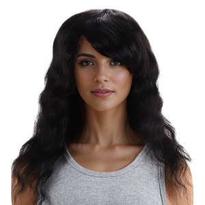 Unique Bargains Women's Long Hair Big Curly Bangs Hair Wig Real Human Hair 16in Black 1 Pc - 1 of 4