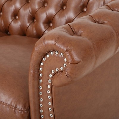 Cognac Brown Faux Leather Chesterfield Loveseat with Nailhead Trim