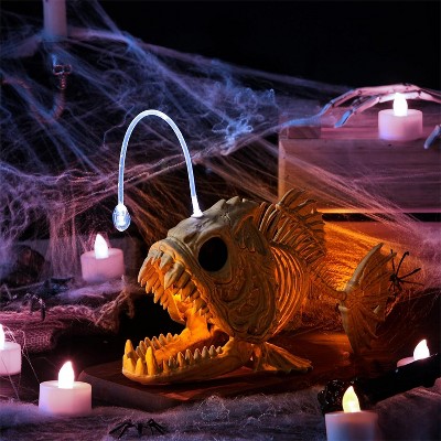 Joyfy 10.2” Halloween Fish Skeleton with LED Eye, Plastic Fish Bones for Halloween Party Photo Prop , Graveyard Indoor Outdoor Decor