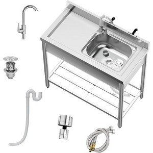 21"x20"x37" free-standing stainless steel sink with 360° rotating faucet, hot/cold water supply, and storage rack for kitchens and outdoor use. - 1 of 4