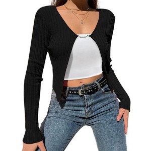 Coolmee Women's Crop Top Open Front Long Sleeve Rib Knit Shrug Sweaters Cardigan - 1 of 4