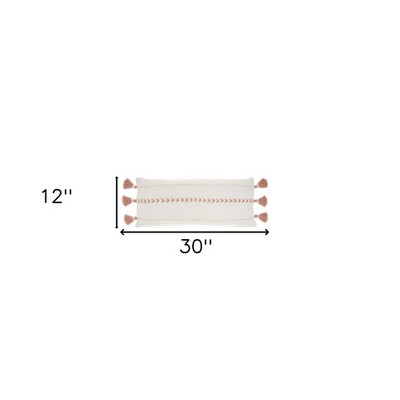 Blush Pink Cotton Lumbar Pillow with Tassels, 12" x 30"