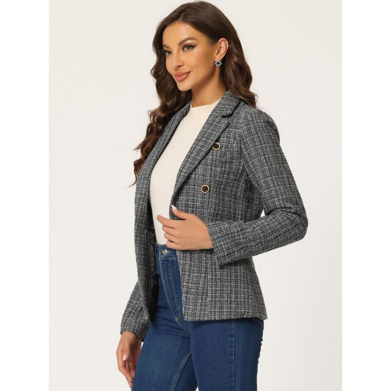 Allegra K Women's Elegant Long Sleeve Open Front Buttons Decor Plaid Tweed Blazer, 3 of 6