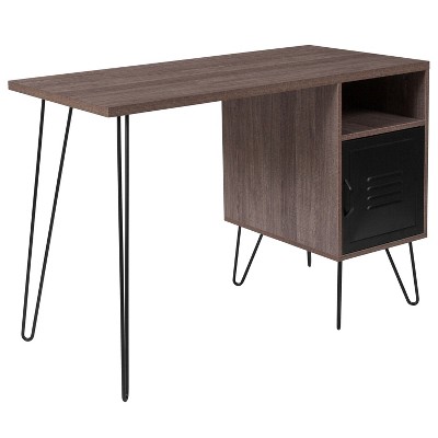 Flash Furniture Woodridge Collection Rustic Wood Grain Finish Computer Desk with Metal Cabinet Door and Black Metal Legs