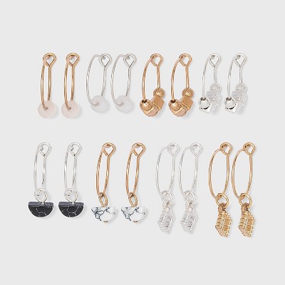 Mixed Semi-Precious with Stone Charm Wire Hoop Multi Earring Set 8pc - Universal Thread™ Worn Gold