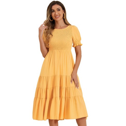 Allegra K Women s Summer Peasant Smocked Short Sleeve Midi Tiered A Line Dress Light Orange Small