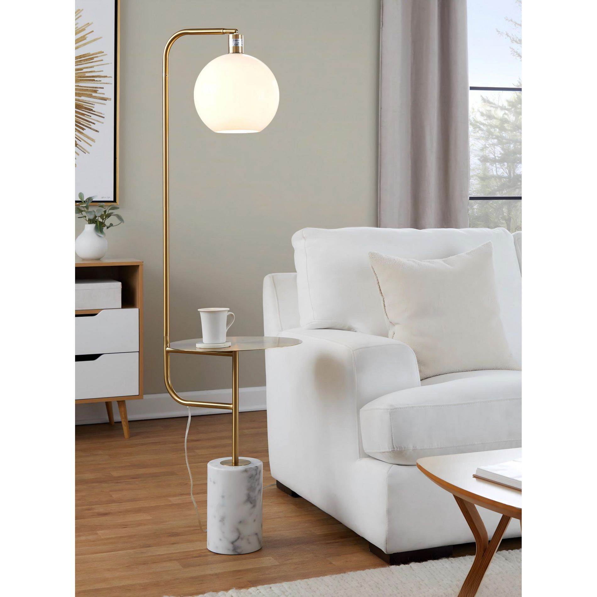66.5" Gold Metal Floor Lamp with White Marble Base and Round White Sconce for Sofa or Bedroom
