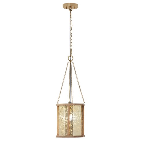 River of Goods 9" Elina Metal Pendant Lamp with Painted Mercury Gold Glass Shade with Wood Frame: Adjustable Height, UL Listed, Mango Wood Frame - image 1 of 4