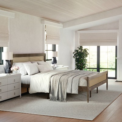 King Brown Gray Wood Frame Platform Bed with Rattan Headboard