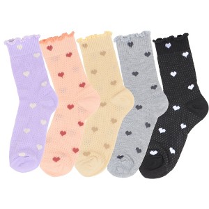Anna-Kaci Women's 5-Pair Set Frilly Crew Socks with Heart Pattern and Ruffle Trim Breathable Knit Design for Flats or Loafers - 1 of 4