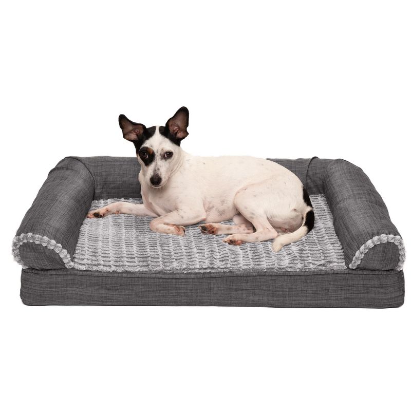 FurHaven Luxe Fur & Performance Linen Memory Foam Sofa Dog Bed, 1 of 7