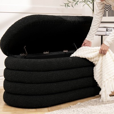 Ebony Black Boucle Upholstered Oval Storage Bench with Hinged Lid