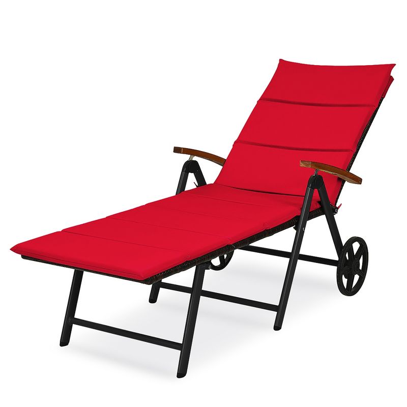 Costway Folding Patio Rattan Lounge Chair Cushioned Aluminum w/ Wheel, 3 of 10