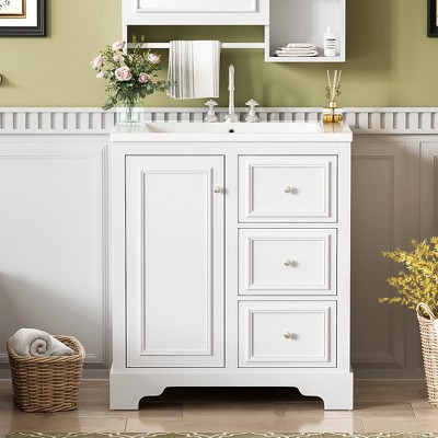 30-Inch Bathroom Vanity Cabinet with Ceramic Basin, 3 Drawers and Adjustable Shelves