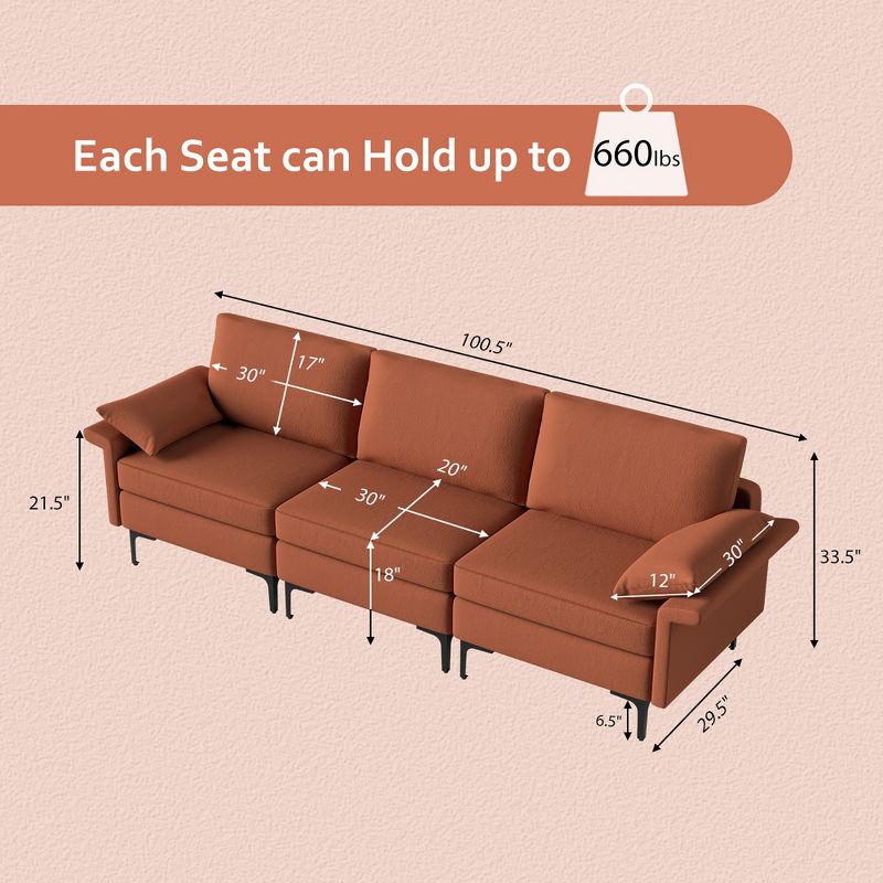 Costway Modern Modular Fabric 3-Seat Sofa Couch w/ Socket USB Ports & Metal Legs Red\Green, 4 of 11