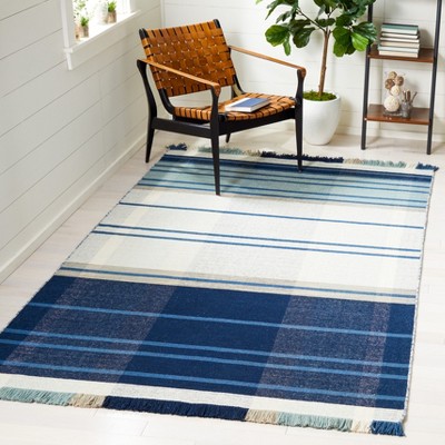 Blue and Beige Striped Wool 4' x 6' Area Rug