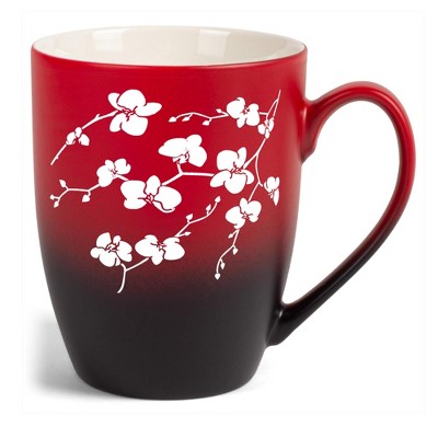 Elanze Designs Botanical Floral Nature Coffee Cup Mug 12 Ounce Ceramic With Ombre Gradient Elegant Minimalist Orchid Flower Silhouette Red and Black