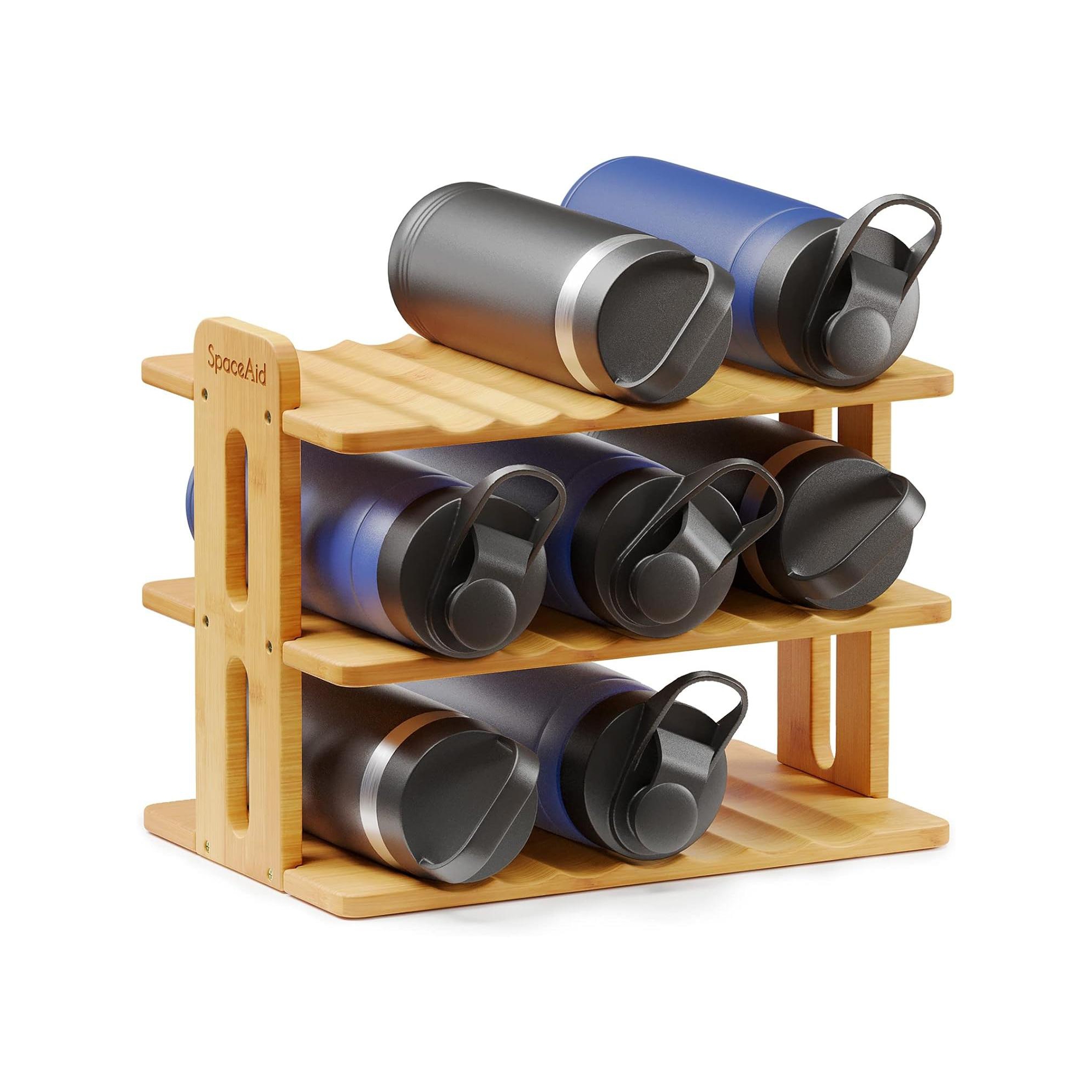 Water Bottle Organizer with Labels for Kitchen and Pantry,Tumbler Rack,(3-Tier, Hold 9 Bottles)
