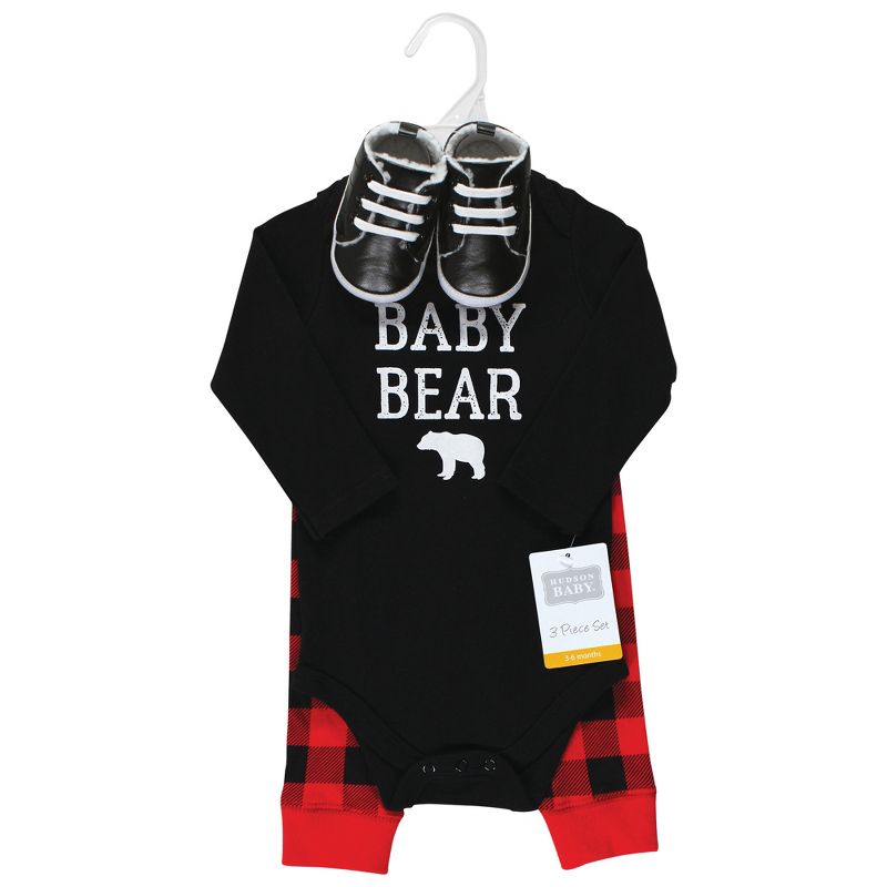 Hudson Baby Unisex Baby Cotton Bodysuit, Pant and Shoe Set, Buffalo Plaid Baby Bear, 2 of 6