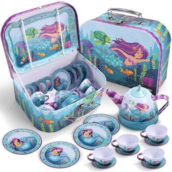 Joyin Mermaid Tin Teapot Set 15pcs Plates and Carrying Case for Birthday Easter Gifts Kids Toddlers Age 3 4 5 6
