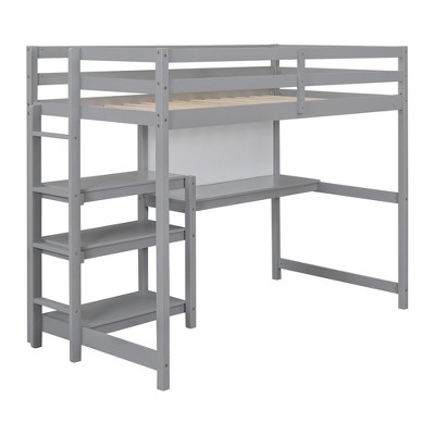Full gray loft bed with desk and ladder from side angle