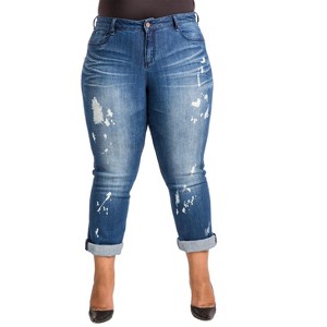 Poetic Justice Women's Curvy Fit Blue Bleach Spots Boyfriend Jeans - 1 of 4