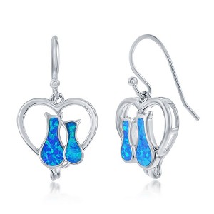 Opalata Sterling Silver Blue Opal Cats in a Heart Earrings - Blue - 1 of 3