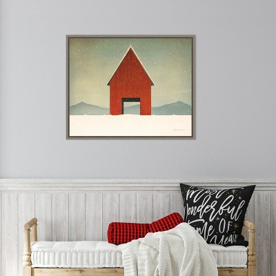 Red Barn Winter Scene Canvas Print in Greywash Frame