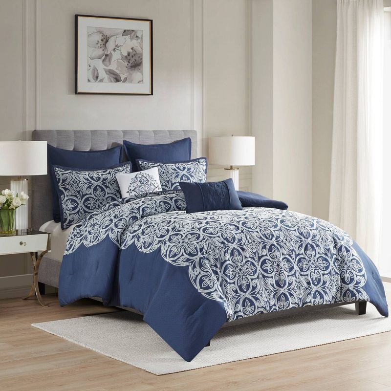 Madison Park 7pc Gianni Flocking Comforter Bedding Set with Euro Shams and Throw Pillows Navy Blue, 3 of 12