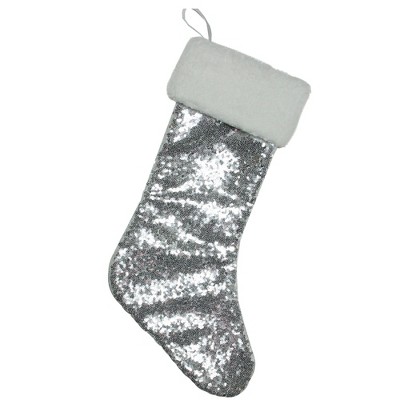 Northlight 18" Silver Sequins With a White Faux Fur Trim Christmas Stocking