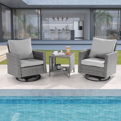 Sonkuki 3-Piece Patio Chair Set Brown Rattan Swivel Rocking Chair Set Coffee Table Suiting Backyard