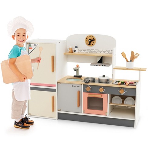 Qaba Play Kitchen Set for Kids w/ Apron and Chef Hat, Ice Maker White