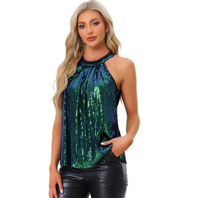 INSPIRE CHIC Women's Party Club Sparkle Sequin Sleeveless Halter Tops