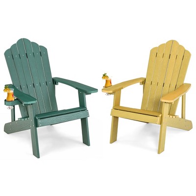 Tangkula 2PCS Patio HIPS Adirondack Chair w/ Cup Holder Weather Resistant 380 LBS Green & Yellow