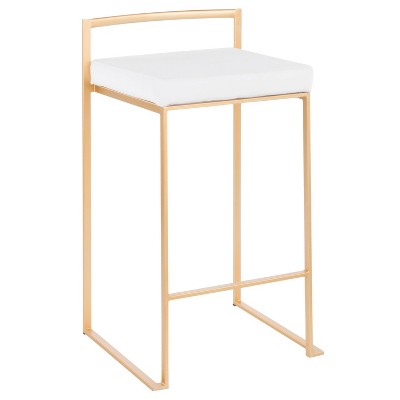 Gold Metal Bar Stools with White Velvet Cushions, Set of 2