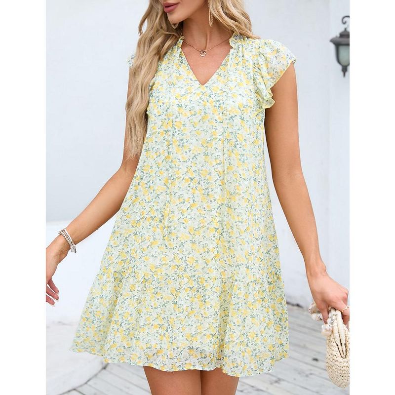 Women's Babydoll Mini Dress Summer V Neck Flutter Sleeve Boho Floral Flowy Shift Short Dress, 4 of 8