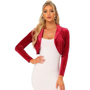 INSPIRE CHIC Women's Long Sleeve Lapel Collar Velvet Open Front Cropped Cardigan - 1 of 4