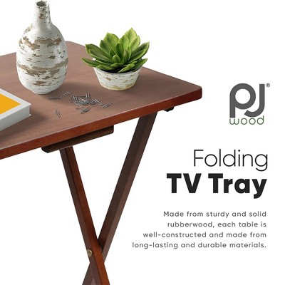 Honey Oak Solid Wood Folding TV Snack Tray Tables with Storage Rack, 5 Piece Set
