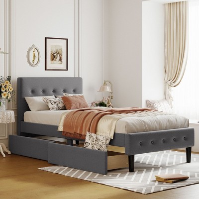NicBex Twin Size Upholstered Platform Bed Frame with Linen Tufted Headboard and 2 Drawers,Wood Slats Support,No Box Spring Needed,Easy Assembly